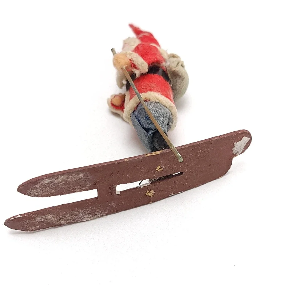 Vintage Miniature Skiing Santa Claus Figurine Felt Wood Mid Century Christmas 4